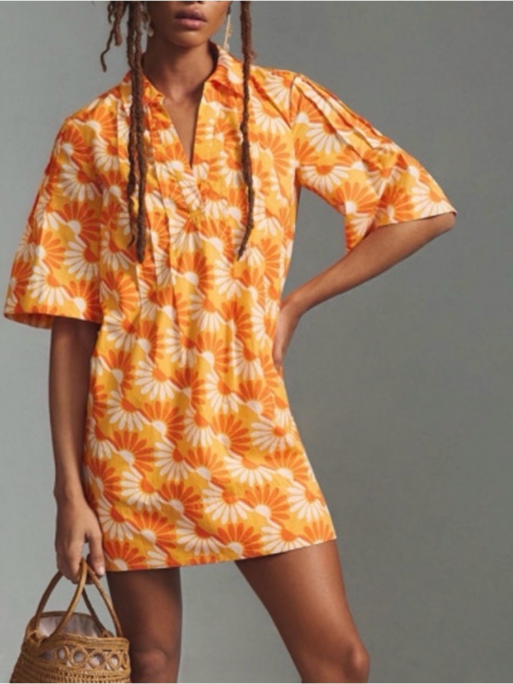 By Anthropologie Printed V-Neck Tunic Dress Orange Daisy Floral Mod Retro MP